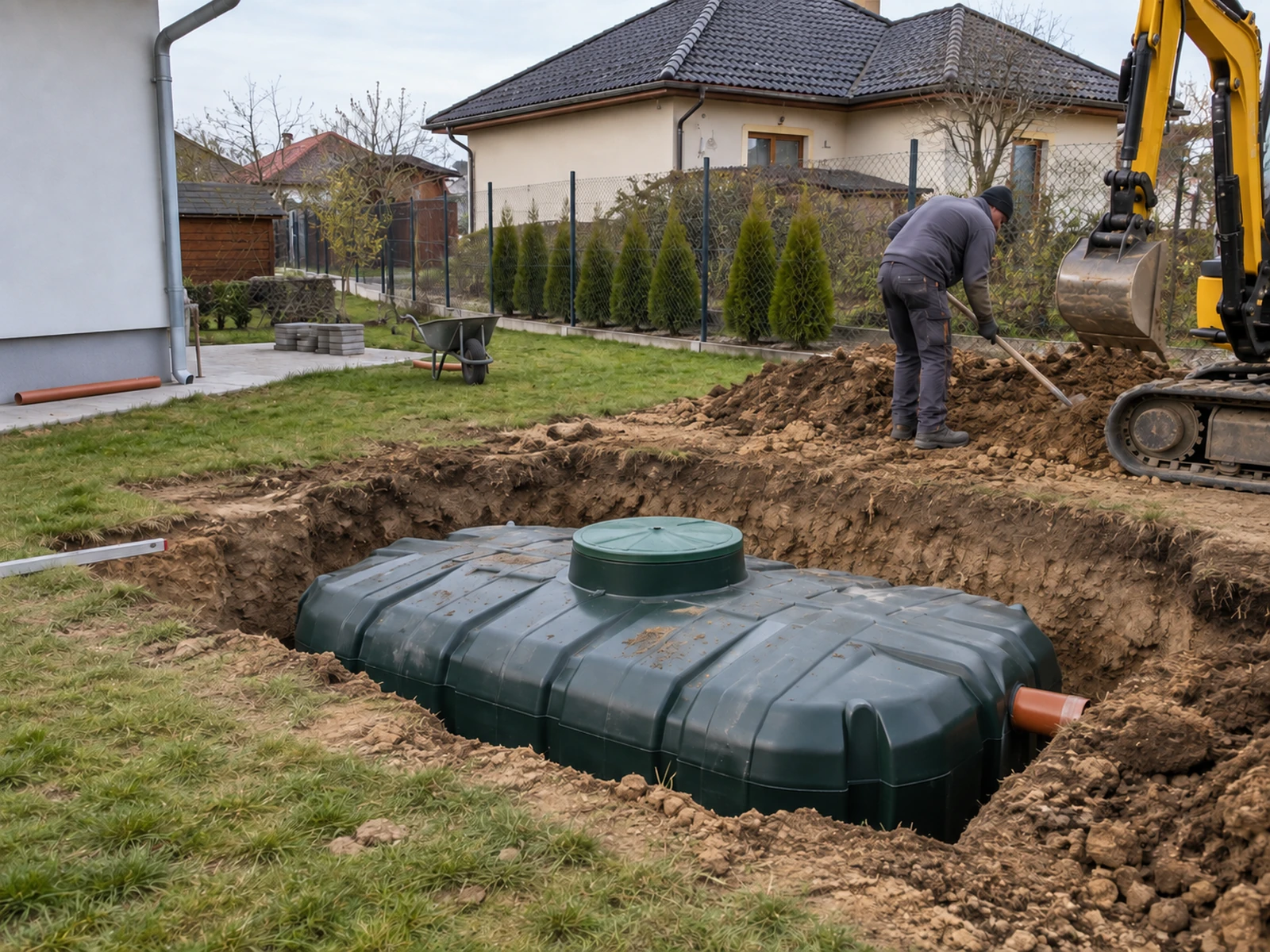 Plochá nádrž na dešťovou vodu v mělkém výkopu