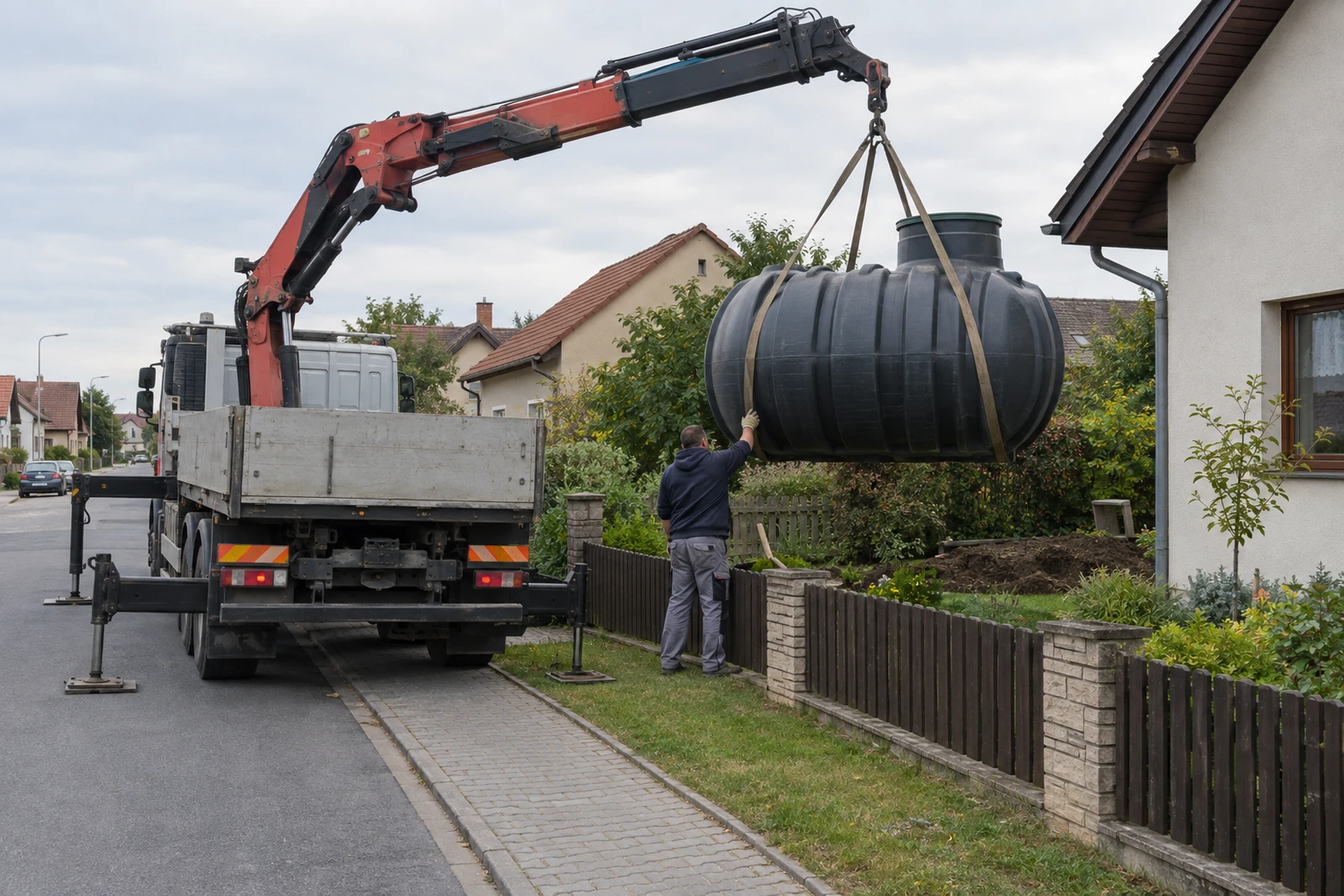 Dovoz nádrže na dešťovou vodu hydraulickou rukou